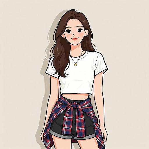 Digital drawing of a smiling young woman with long brown hair, wearing a white crop top, black shorts, and a red plaid shirt tied around her