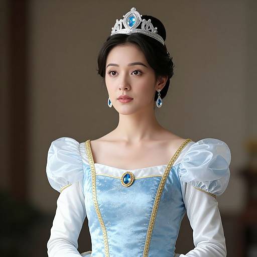 Photograph of a young Asian woman with fair skin, wearing a blue satin princess dress, white puffed sleeves, silver tiara, and blue gem