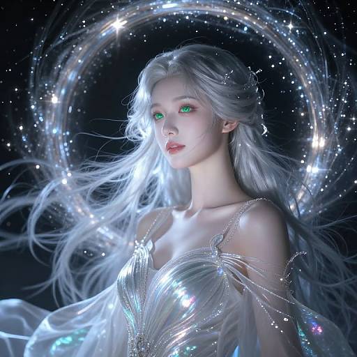 Digital art of a fair-skinned, ethereal woman with long white hair, glowing green eyes, and a translucent, starlit dress, surrounded by
