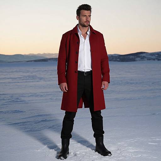 Photograph of a bearded man in a red coat, white shirt, black pants, and boots standing on a snowy landscape at sunset.