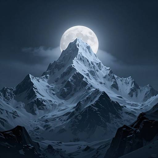 Photorealistic image of a snow-covered, jagged mountain peak illuminated by a bright full moon in a dark, cloudy night sky.