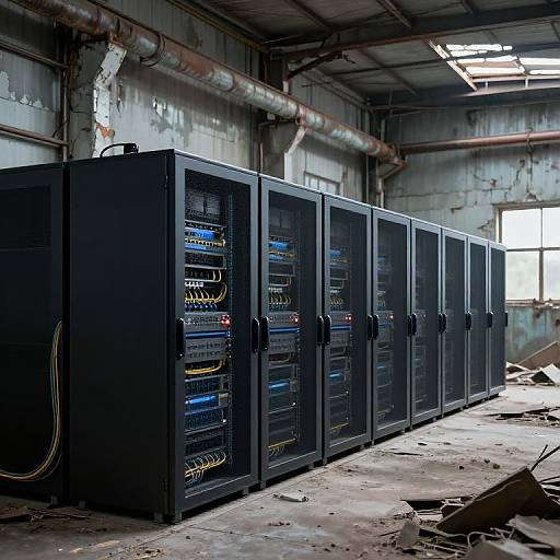 Photograph of a row of black server racks with blue and yellow cables in an industrial, dilapidated warehouse with exposed pipes and a large window.