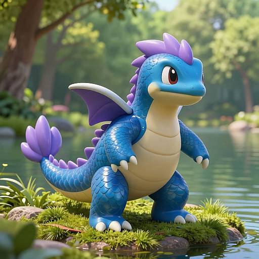 CGI image of a blue, dragon-like creature with purple spikes, standing on a grassy rock by a serene forest pond.