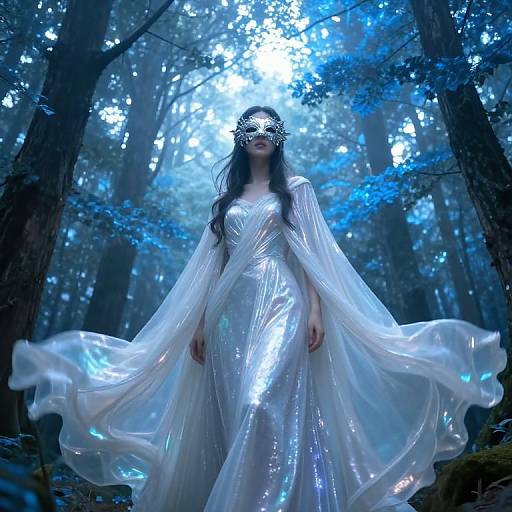 Photograph of a mysterious woman in a shimmering white gown with flowing sleeves, wearing a black mask, standing in a glowing blue forest.