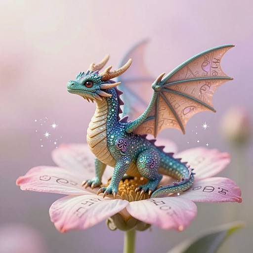 Photograph of a detailed, blue-scaled dragon figurine with pink wings and yellow horns, perched on a pink flower with sparkles in soft