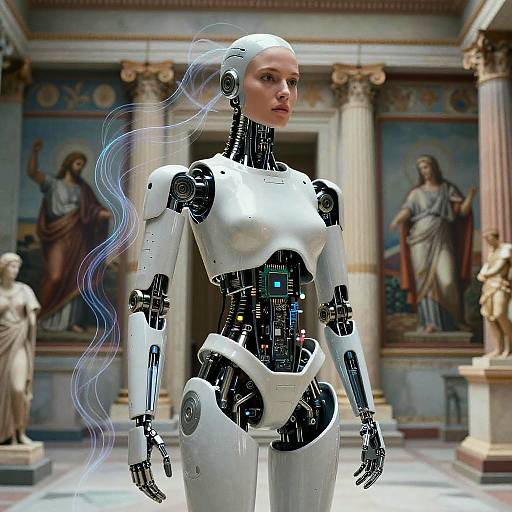Futuristic Robot Woman in Ancient Gallery