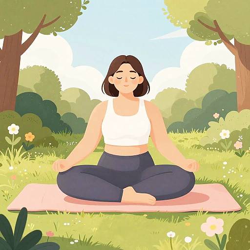 Digital illustration of a brown-haired woman in a white sports bra and navy leggings, meditating cross-legged on a pink mat in a sunlit, flower