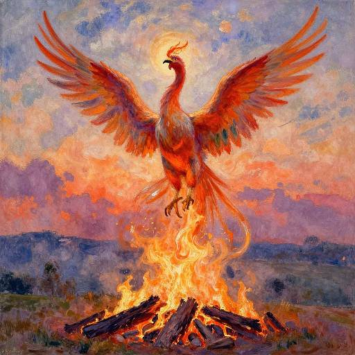 Vibrant painting of a fiery phoenix with outstretched wings rising from a blazing bonfire against a colorful, sunset sky.