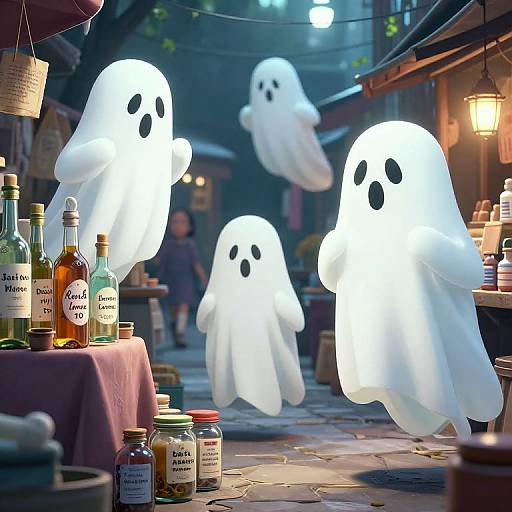 Photograph of glowing white ghost figures with black eyes, floating in a dimly lit, cobblestone street market, surrounded by bottles of 