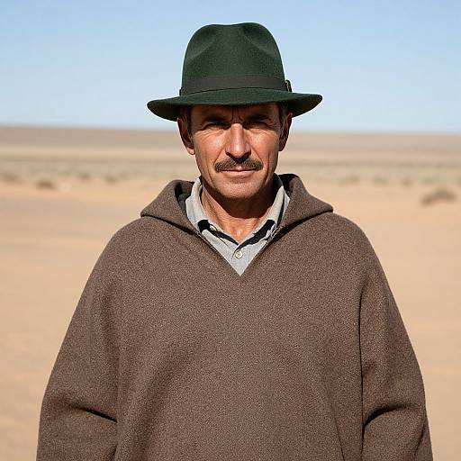 Photograph of a middle-aged man with a mustache, wearing a black hat, brown sweater over a white shirt, standing in a desert with a