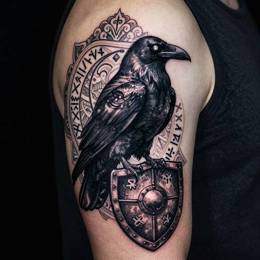 Black crow tattoo on muscular arm, perched on medieval shield with Latin text, surrounded by ornate patterns, detailed and shaded.