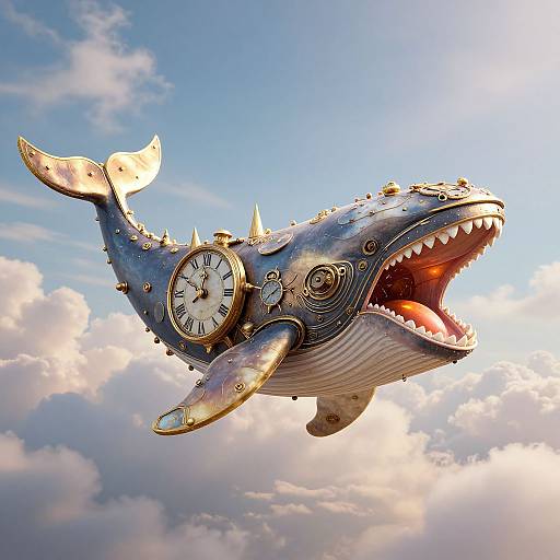 Futuristic, steampunk-style whale with clock on side, sharp spikes, and open mouth, soaring through a bright, cloudy sky. Phot