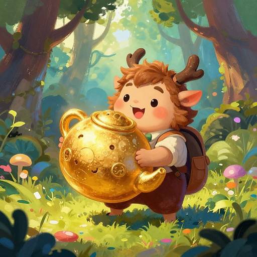 Chubby, antlered child with brown hair and backpack holds golden teapot in vibrant, sunlit forest with colorful mushrooms and flowers. Digital art