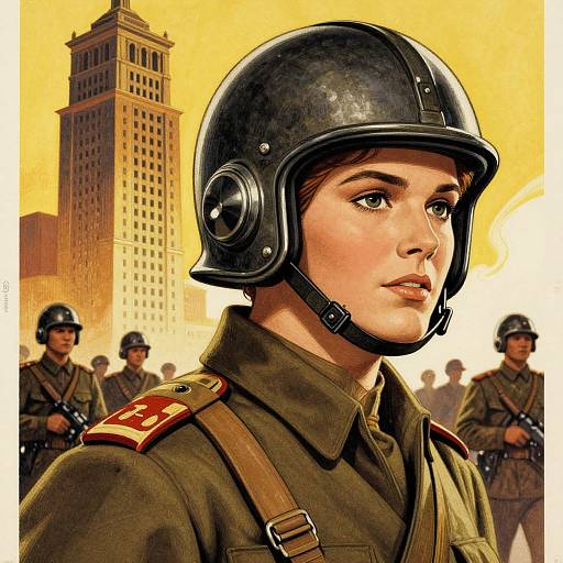 Digital painting of a focused female WWII soldier in a black helmet and brown uniform, with a tall building and other soldiers in the background. Warm yellow-orange