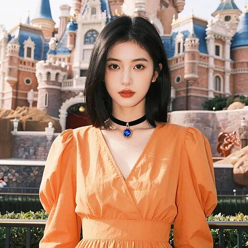 Photograph of an East Asian woman with straight black hair, wearing an orange dress and black choker with a blue gem, standing in front of a