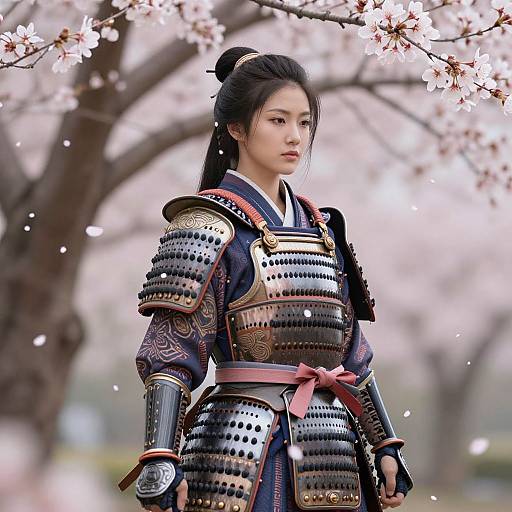 Digital artwork of an Asian woman in traditional Japanese samurai armor standing among cherry blossom trees, petals falling around her.