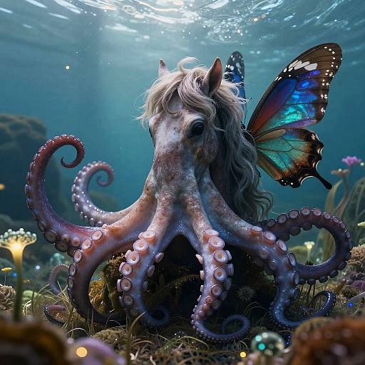 Digital artwork of a mermaid-like creature with a horse's head, octopus tentacles, and vibrant blue butterfly wings, underwater among glowing flowers.