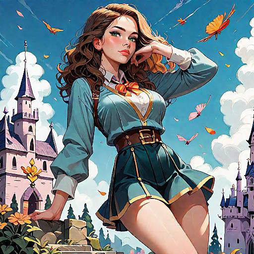 Digital art: beautiful young woman with wavy brown hair, blue blouse, and green skirt, stands confidently in a sunny, castle-filled landscape with flying