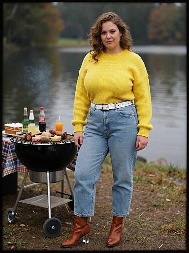 Photograph of a curvy woman with wavy brown hair, wearing a yellow sweater, high-waisted blue jeans, and brown boots, standing