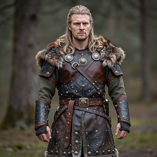 Photograph of a tall, muscular, blonde-haired man with a beard, wearing a medieval armored suit with fur trim, standing in a forest.