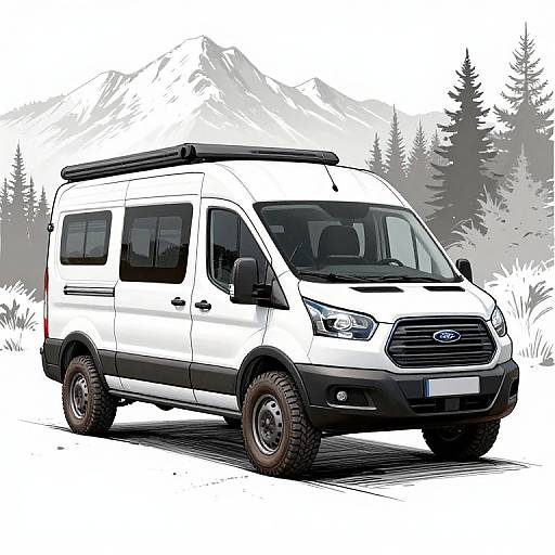 Illustrated white Ford van with black roof rack and tires, set against a mountain and forest background, in a digital comic style.