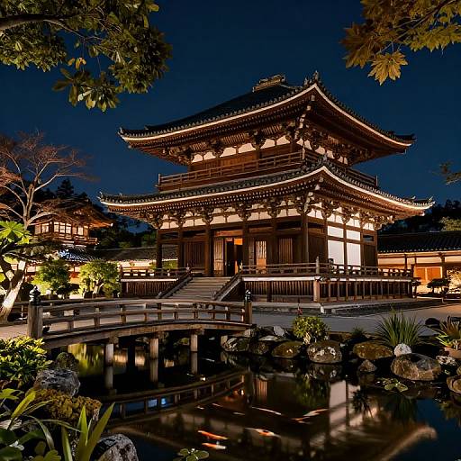 Photograph of a beautifully lit traditional Japanese temple at night, with a reflective pond in the foreground, surrounded by illuminated trees and traditional buildings.