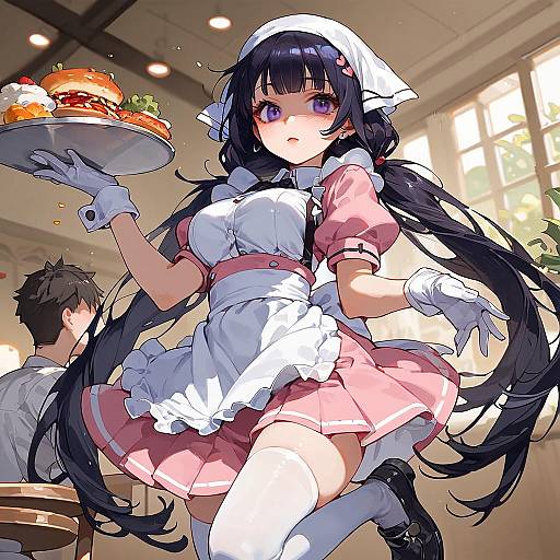 Anime Waitress in Uniform Indoors
