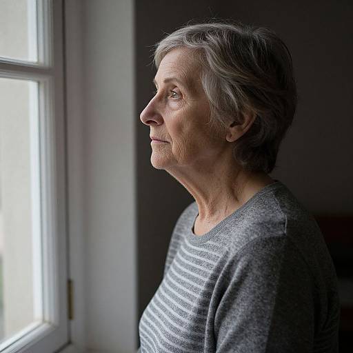 Photograph of an elderly woman with short gray hair, wearing a gray and white striped shirt, gazing out a window. Soft natural light highlights her