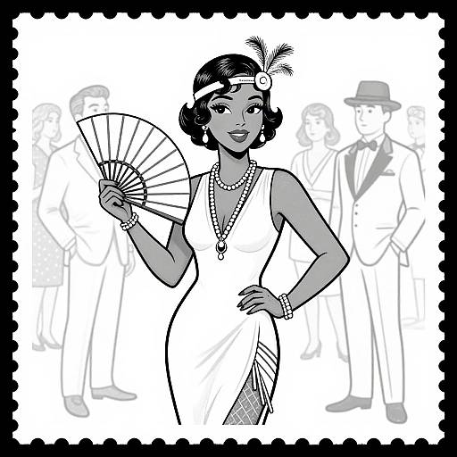 Vintage-style illustration of a glamorous woman in a white dress, pearl necklace, and feather headpiece, holding a fan, surrounded by faintly sketched