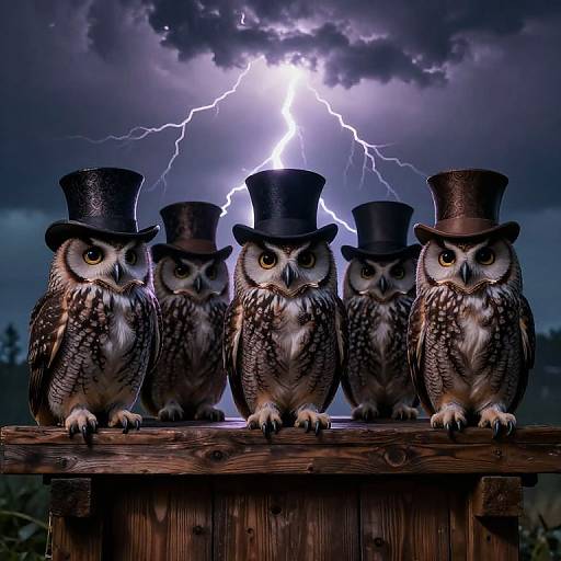 Photograph of five owls wearing black top hats, standing on a wooden post against a stormy sky with lightning.
