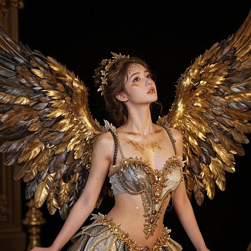 Photorealistic digital artwork of a beautiful woman with golden, metallic wings, wearing an ornate, shimmering gold and silver top, looking upward against