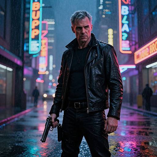 Photograph of a serious, gray-haired man in a black leather jacket and black shirt, holding a gun, walking in a neon-lit, rainy