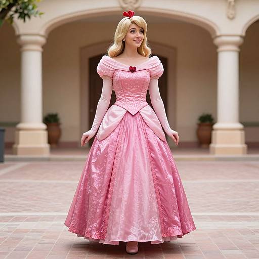 Photorealistic CGI of a blonde woman in a pink, off-the-shoulder, puffed-sleeve ball gown with red bow, standing