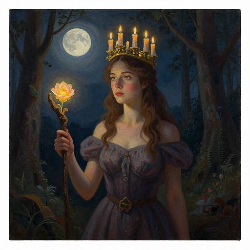 Digital painting of a fair-skinned, brown-haired woman in a purple dress and candle-crowned tiara, holding a glowing rose in a dark,