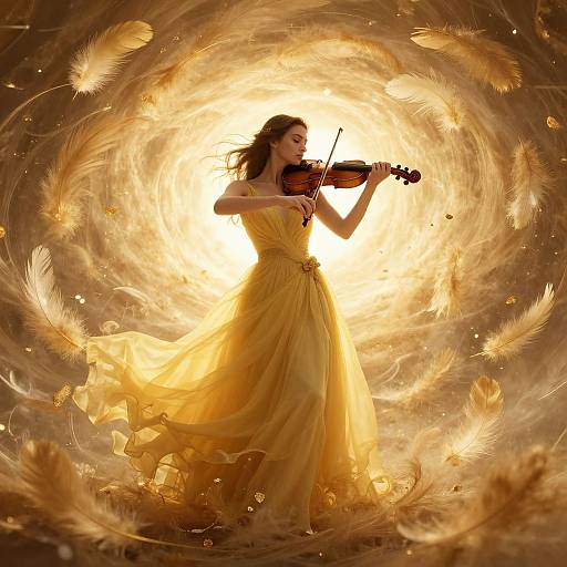 Photograph of a woman in a flowing yellow dress playing a violin, surrounded by swirling golden feathers and light, creating a magical, ethereal effect.