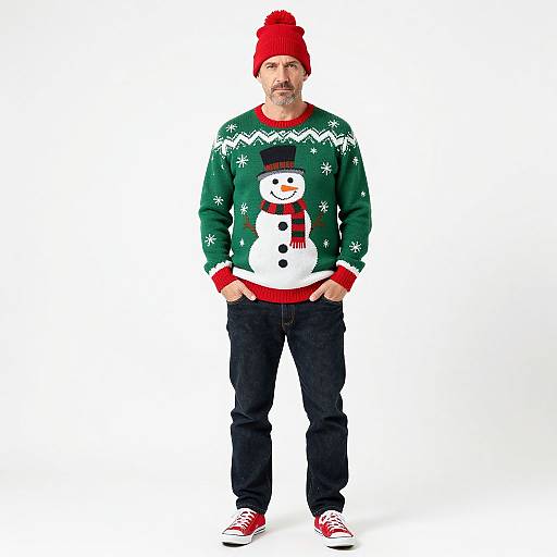 Photograph of a middle-aged man with gray beard, wearing a red beanie, green Christmas sweater with snowflake pattern and snowman graphic, black