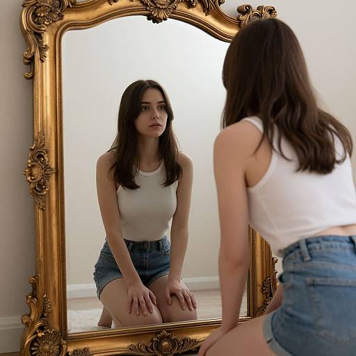 Young woman with long brown hair, white tank top, and blue denim shorts, kneels before an ornate gold-framed mirror, gazing thought