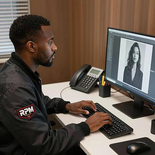 Focused Black Man Working at Desk