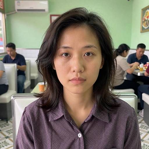 Asian woman in purple shirt at diner
