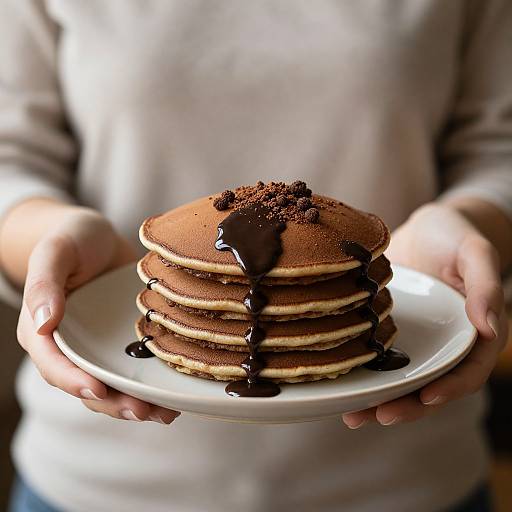 Woman Holding Chocolate Pancakes Closeup