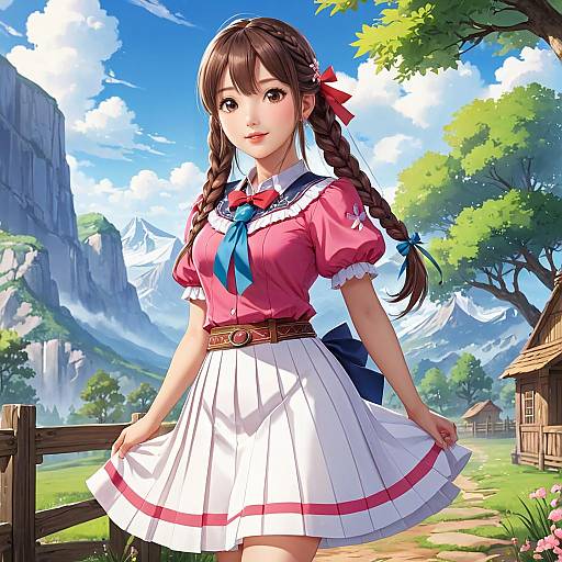 Anime-style digital drawing of a cute girl with brown braids, pink blouse, white skirt, blue ribbon, standing in a vibrant mountain village with clear