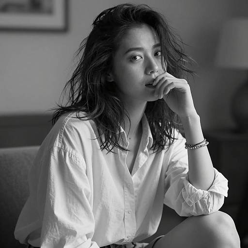 Black-and-White Portrait of Woman with Tousled Hair