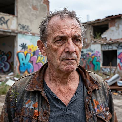 Photograph of an elderly man with thinning gray hair, wearing a worn, graffiti-splattered denim jacket over a black shirt, standing in a