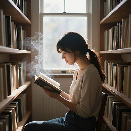 Photograph of a young woman with black hair in a ponytail, reading a book with smoke rising from her hands, seated between wooden bookshelves