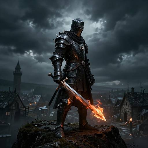 Dark, stormy medieval fantasy image of a knight in shiny armor with a flaming sword, standing on a rocky hilltop, overlooking a burning town.