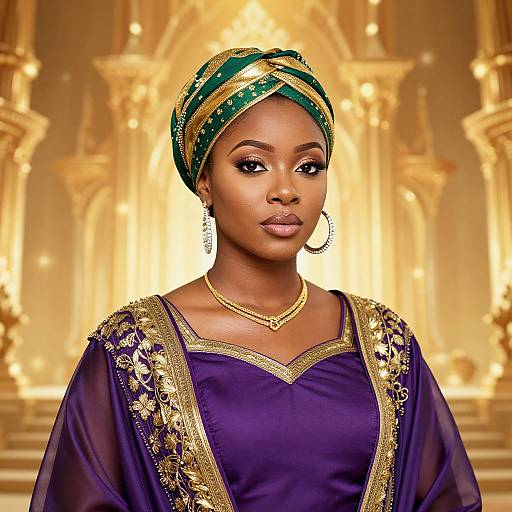 Photograph of an elegant Black woman with dark skin, wearing a green and gold headwrap, purple dress with gold embroidery, large hoop earrings, and