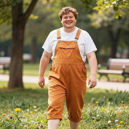 Photograph of a smiling, chubby, young man with curly brown hair, wearing orange overalls over a white t-shirt, walking in a sunny park