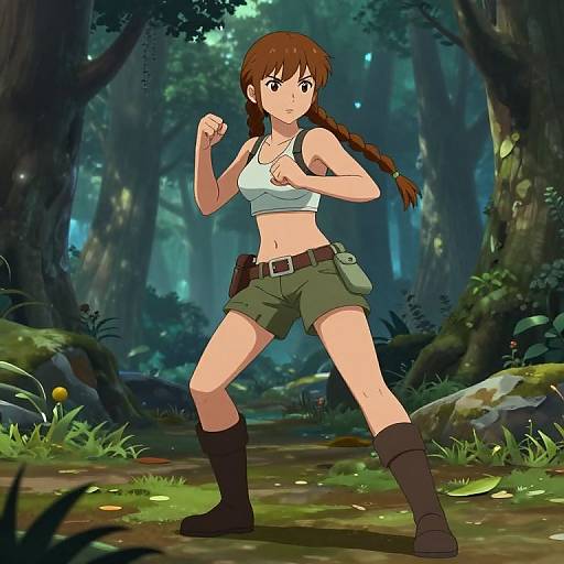Digital anime-style drawing of a brown-haired girl in a white crop top, green shorts, black boots, and braid, striking a fighting pose in
