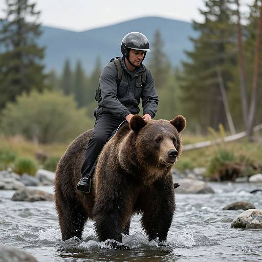 Photograph: Man in black helmet and jacket rides large brown bear through shallow stream in forested, mountainous area. Overcast sky.