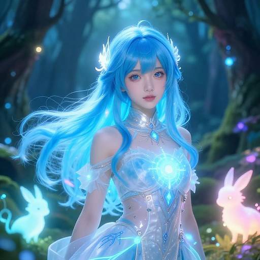 Digital fantasy artwork of a young woman with glowing blue hair, wearing an ethereal white dress, surrounded by luminescent butterflies in a mystical forest.